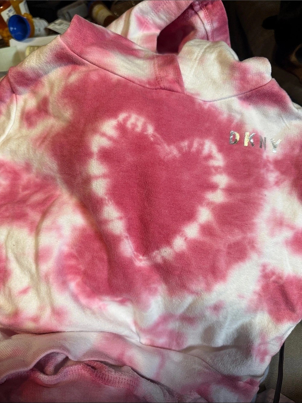 DKNY Pink Tie-Dye Heart Hoodie Pink & White 24M